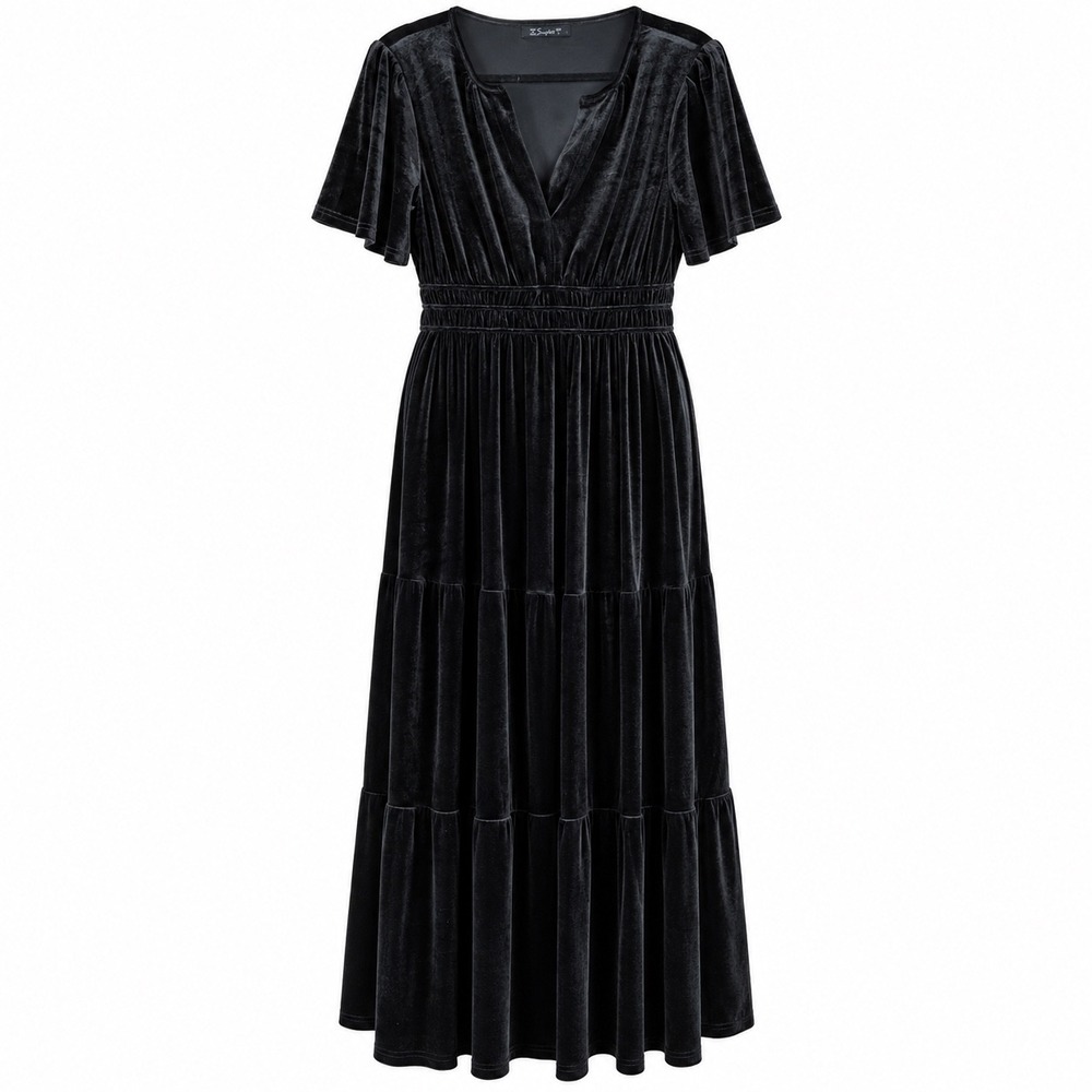 Simplee Womens Velvet Maxi Dress L Polyester Black Goth Tiered Boho Romantic